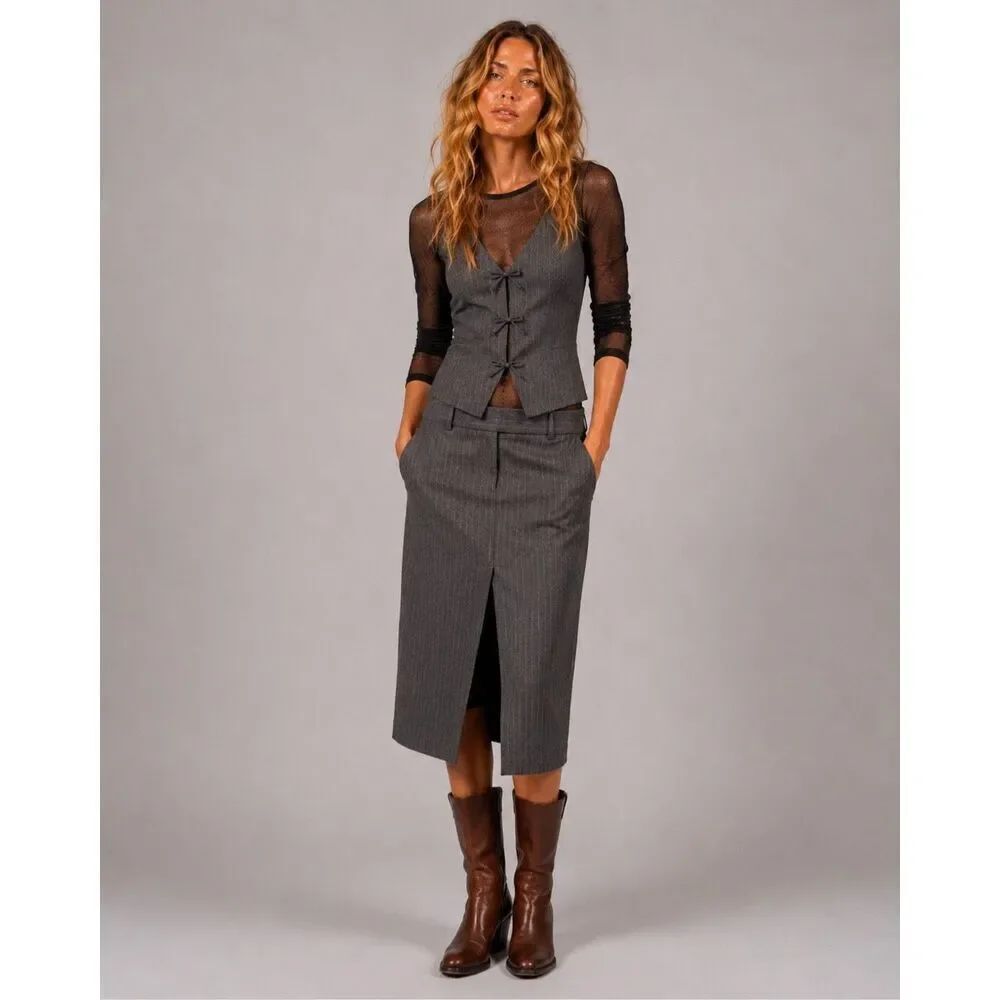 NWOT Zara Gray Marl Pinstripe Midi Pencil Skirt Slit Stretch Size S (M) (136)